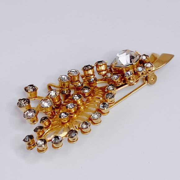 VTG 1950s Brooch Rhinestone Spray Leaf Mid Century Gold Tone Pin Jewelry Sparkly - Picture 4 of 11